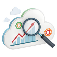 Cloud data analysis with magnifying glass over upward graph and gears isolated on transparent background