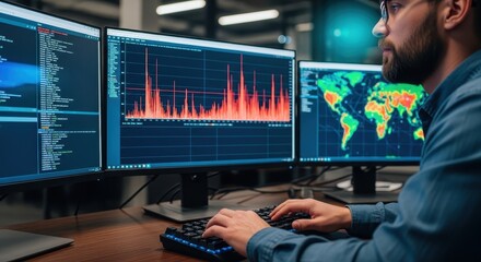 Network engineer analyzing real-time traffic spikes and global data on multiple computer screens
