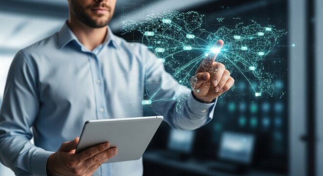 Man Interacting with Holographic Global Network Interface on Tablet