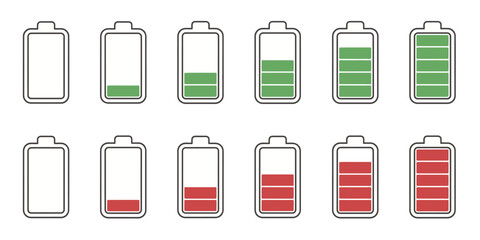 Battery level indicator icon set from empty to full charge in green and red for power status ui