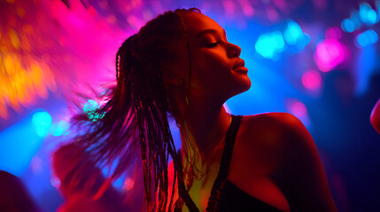 Young woman dancing at nightclub with colorful lights