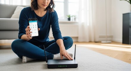 Woman sitting on the floor setting up a new wireless internet router using a smartphone app. Young woman configuring her home Wi-Fi network with a mobile device for easy connectivity.