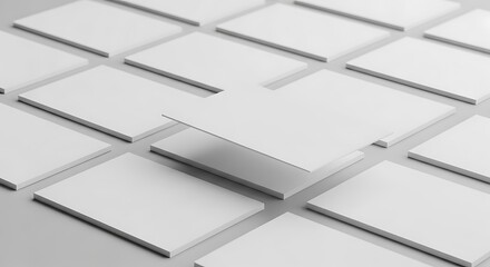 Many blank white business cards arranged in a pattern, one card floating