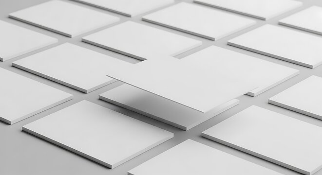 Many blank white business cards arranged in a pattern, one card floating