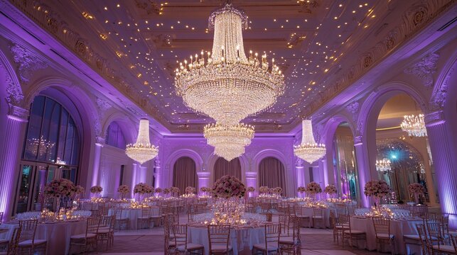 Elegant ballroom interior with chandeliers and tables set for a wedding - Powered by Adobe