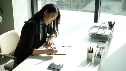 Young businesswoman writing notes in a modern office, sunlight streaming through window. Perfect for business, productivity, and success themes. - Powered by Adobe