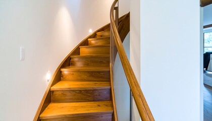 Elegant curved wooden staircase with glass railing, illuminated by recessed lighting