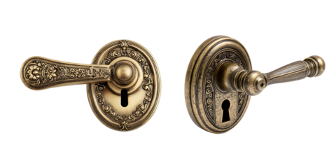 Set of antique brass door handles with keyholes, isolated on a transparent background
