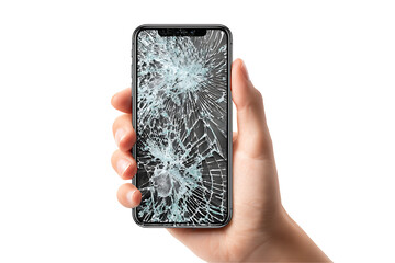 Cracked smartphone held in hand, isolated on a transparent background.