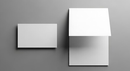 Fototapeta premium Two blank white business cards, one open like a book, on a gray surface