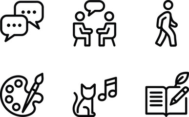 Communication Discussion, Meeting Talking, Walking Figure, Drawing, Cat, Music and Writing icons