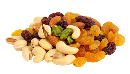 Assorted dry fruits and nuts mix in small pile, isolated on transparent background PNG.