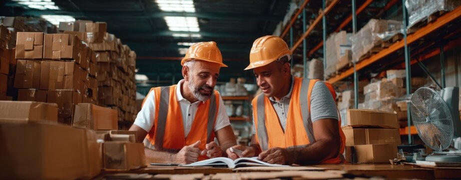 The skilled workers discussing plans in a busy warehouse environment.