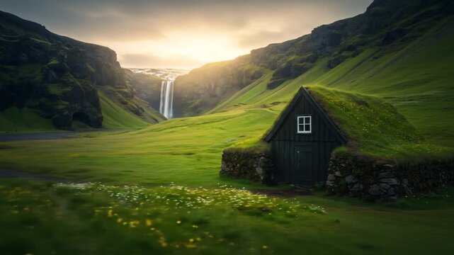 Serene Icelandic Landscape: Turf House, Waterfall, and Lush Green Hills at Sunset