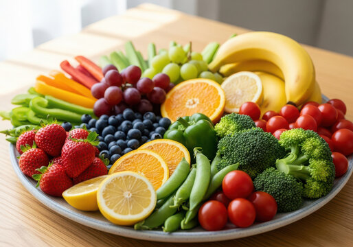 Vibrant platter overflowing with a diverse selection of fresh fruits and vegetables, showcasing a healthy and balanced diet - Powered by Adobe