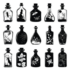 Vector silhouette set of Halloween Potion Bottle isolated in White background, silhouette Set, Halloween theme, Vector illustration 