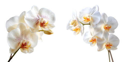 Set of elegant white orchid flowers, isolated on a transparent background.