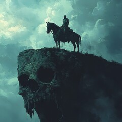 a knight with his horse standing on the dark skull cliff, digital art style, illustration painting