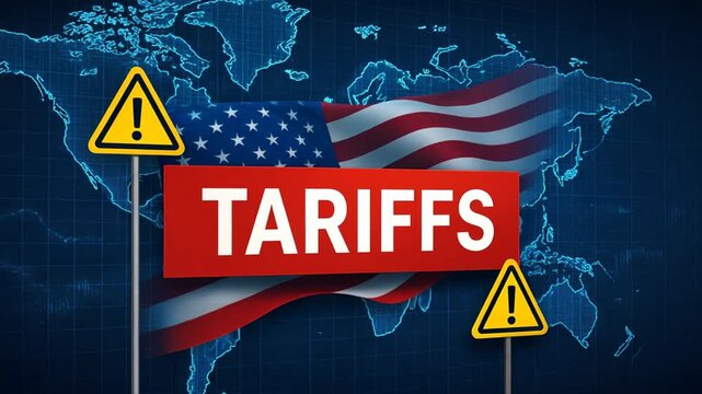 Glowing world map with red tariffs banner, american flag overlay, and yellow caution icons, symbolizing tariff increase and import tax in global trade