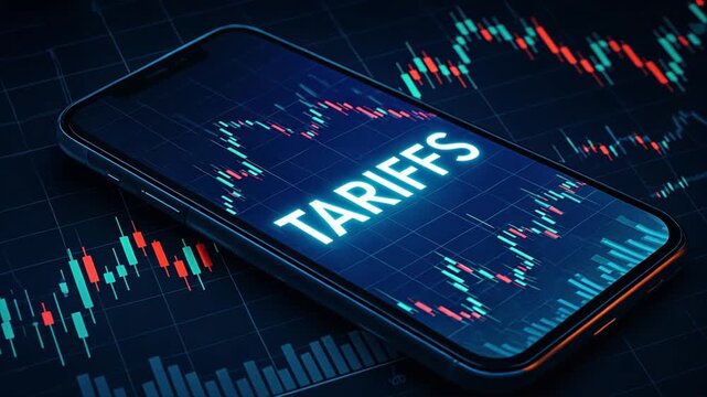 Smartphone over glowing stock chart with holographic tariffs text and market indicators, showing tariff increase and import tax effects in trading