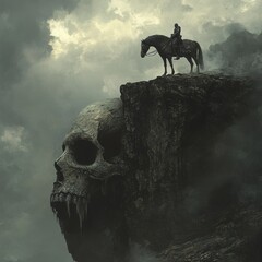 a knight with his horse standing on the dark skull cliff, digital art style, illustration painting