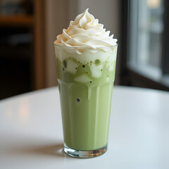 Iced Matcha Latte with Whipped Cream in Tall Glass