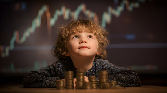 Child dreaming of financial success looking at stock market chart