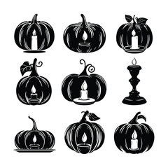 Vector silhouette set of Halloween Pumpkin with Candle Inside isolated in White background, silhouette Set, Halloween theme, Vector illustration 
