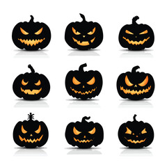 Vector silhouette set of Halloween Pumpkin with Glowing Eyes isolated in White background, silhouette Set, Halloween theme, Vector illustration 