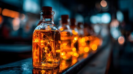 Glass bottles with warm lights, creating a festive atmosphere.