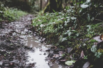 Obraz premium Muddy forest path after rain