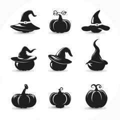 Vector silhouette set of Halloween Pumpkin with Witch Hat isolated in White background, silhouette Set, Halloween theme, Vector illustration 