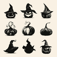 Vector silhouette set of Halloween Pumpkin with Witch Hat isolated in White background, silhouette Set, Halloween theme, Vector illustration 