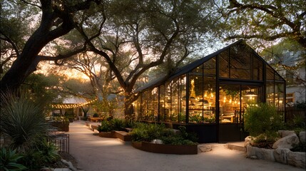 Glass conservatory nestled within a tranquil garden setting at twilight.