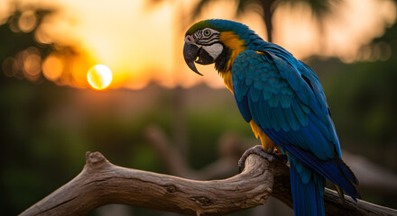 Obraz premium Vibrant Macaw with Colorful Feathers PNG Tropical Macaw Perched at Sunset PNG Colorful Macaw on Branch PNG Macaw with Bright Feathers and Sunset PNG