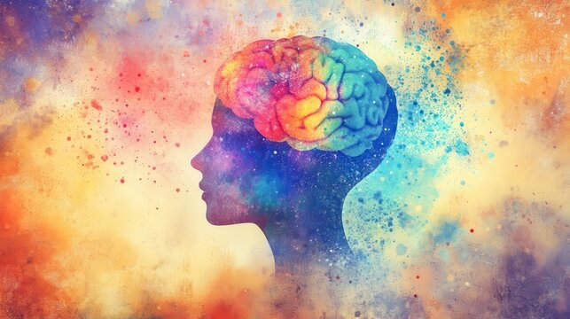 Thoughtful woman with colorful brain in abstract digital art