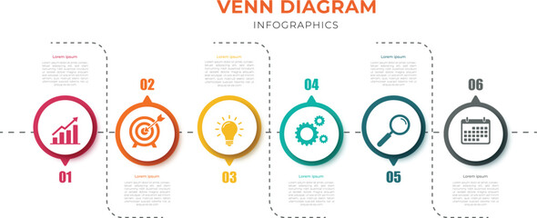 business rounded infographic template with 6 options. Colorful diagram, timeline and schedule