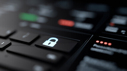 Advanced network protection concept with biometric identity verification lock, holographic data shields, and glowing tech interface in cyber blue theme. cybersecurity, digital security, biometric lock