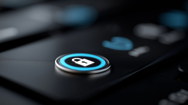 Encrypted security technology background with glowing biometric access lock, holographic data protection layers, and futuristic circuit board design. cybersecurity, digital security, biometric lock, 