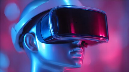 Close-up of a mannequin head wearing virtual reality goggles.