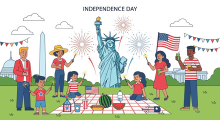 Joyful families celebrate Independence Day with fireworks and picnics near iconic landmarks