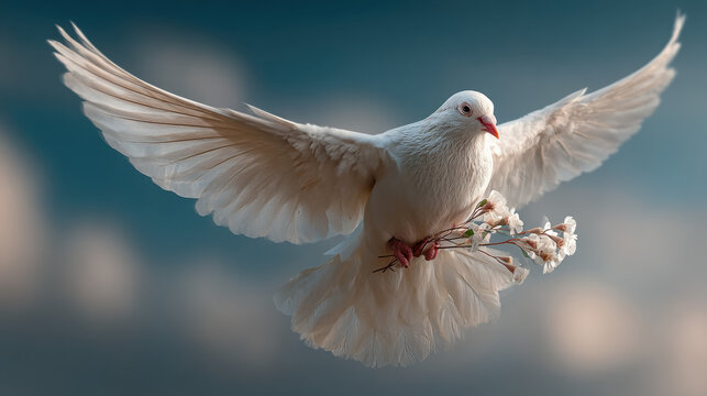 Beautiful white dove in flight with outstretched wings showcasing peaceful serenity nature's elegance and wildlife beauty in a stunning outdoor sky scene