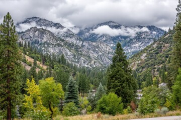 Fototapeta premium Mountain valley scene, cloudy sky, lush forest