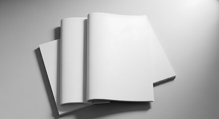 Stack of blank open and closed books or magazines on a light background