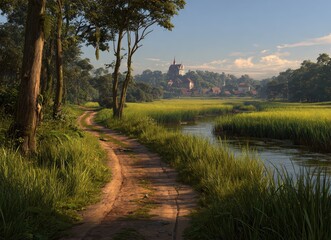 Fototapeta premium Sunlit path through lush green fields, town beyond
