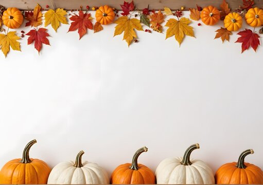 Autumn pumpkins and fall leaves background with text space - Powered by Adobe