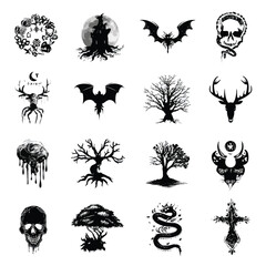 Vector silhouette set of Halloween Rune Symbols isolated in White background, silhouette Set, Halloween theme, Vector illustration 