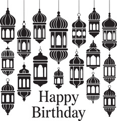 Obraz premium Elegant Happy Birthday Celebration Featuring an Array of Ornate Hanging Lanterns in a Decorative Black and White Design