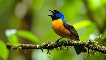 Obraz premium Blue-Feathered Bird Perched on a Branch in a Lush Green Forest