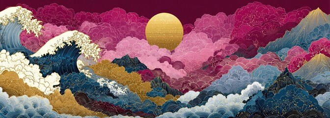Colorful, stylized landscape of dramatic waves, mountains, and clouds with gold accents